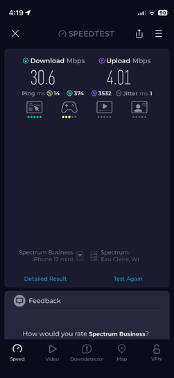 Speedtest mobile app screenshot showing download speed of 30.6 Mbps, upload speed of 4.01 Mbps, ping of 14ms on Spectrum Business connection in Eau Claire, WI
