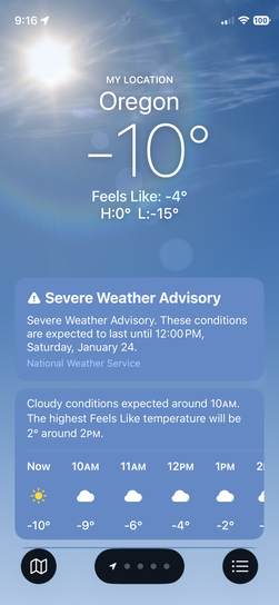iPhone Weather app screenshot for Oregon, Wisconsin showing -10°F with feels-like temperature of -4°F. A Severe Weather Advisory banner warns conditions will persist until Saturday, January 24 at noon. Hourly forecast shows temperatures ranging from -10°F to 2°F.
