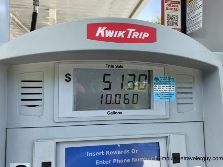 Kwik Trip pump display at the end of the first fill-up — $51.30 for 10.060 gallons.