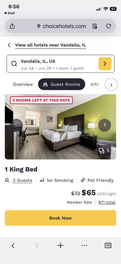 iPhone screenshot of Choice Hotels booking page showing a King Bed room in Vandalia, Illinois at 65 dollars per night member rate with 3 rooms left.