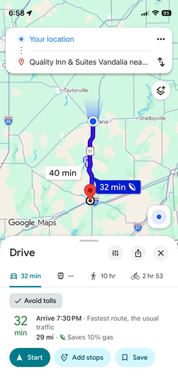 iPhone screenshot of Google Maps directions from current location to Quality Inn and Suites Vandalia showing 32 minutes and 29 miles via US-51.