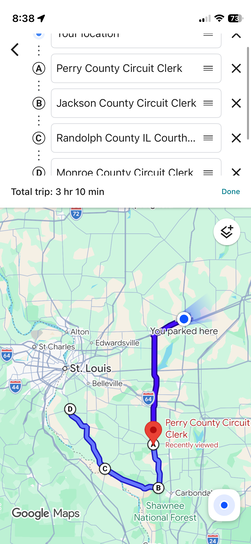iPhone screenshot of Google Maps multi-stop route through Perry County, Jackson County, Randolph County, and Monroe County Circuit Clerks showing a 3 hour 10 minute total trip near the St. Louis metro area.