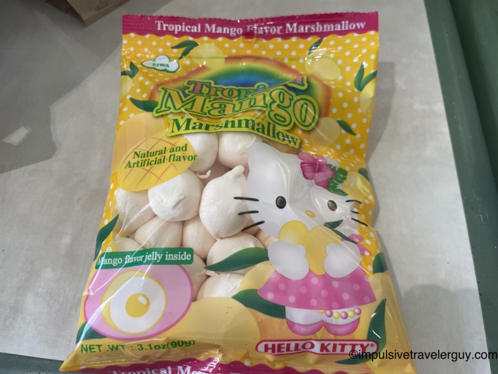 Package of Hello Kitty branded Eiwa Tropical Mango Flavor Marshmallows with mango jelly filling.