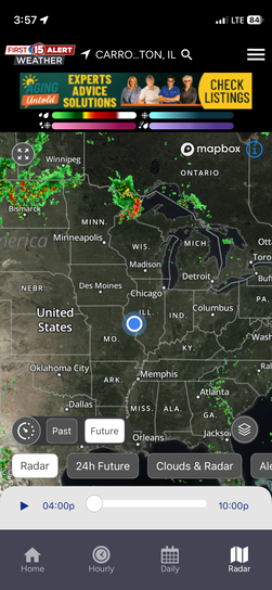 iPhone screenshot of First Alert 15 Weather radar app centered on Carrollton, Illinois at 3:57 PM showing scattered storm cells across the upper Midwest and Ohio Valley.