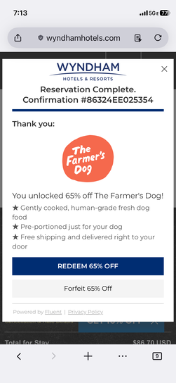 iPhone screenshot of the same Wyndham reservation confirmation with a third promotional popup offering 65 percent off The Farmer's Dog food service.