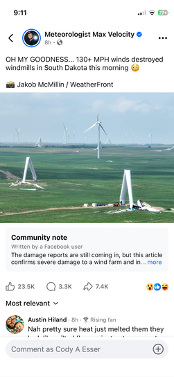 iPhone screenshot of a Facebook post from Meteorologist Max Velocity showing wind turbines destroyed by 130 plus MPH winds in South Dakota, with mangled turbine blades scattered across a green field.