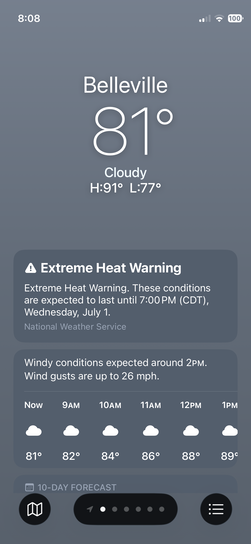 iPhone screenshot of Apple Weather app showing 81 degrees and cloudy in Belleville, Illinois with an Extreme Heat Warning through Wednesday July 1st, high of 91 degrees.