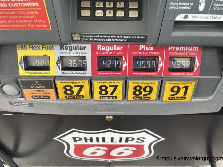 Close-up of a gas pump at OnCue displaying various fuel grades including ethanol-free options for 87, 89, and 91 octane.