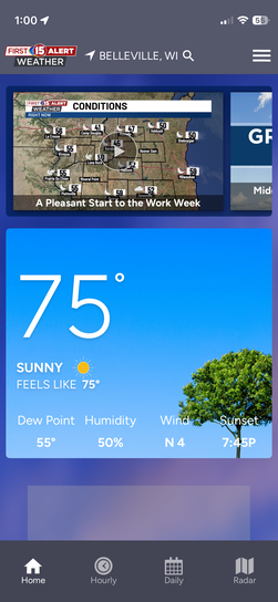 Smartphone weather app screenshot for Belleville, Wisconsin, displaying a comfortable and sunny 75 degrees.