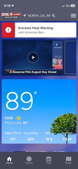 Smartphone screenshot of the First Alert 15 Weather app for North Little Rock, Arkansas, displaying 89 degrees and an Extreme Heat Warning at 9:18 AM.