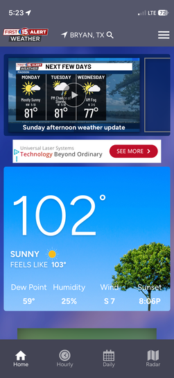 Smartphone screenshot of a weather app for Bryan, Texas, showing a blazing hot temperature of 102 degrees with a 'Feels like 103' heat index.