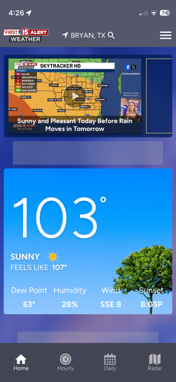 Smartphone weather app screenshot for Bryan, Texas, showing dangerously hot afternoon temperatures at 103 degrees.