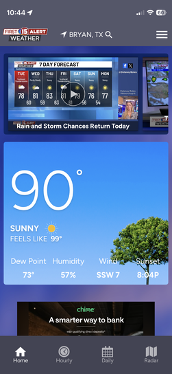 Smartphone weather app screenshot for Bryan, Texas, showing 90 degrees and a feels-like temperature of 99 before heading out to lunch.