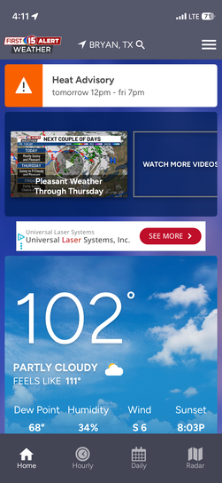 Smartphone weather app screenshot showing an active Heat Advisory and a partly cloudy 102 degrees with a feels-like temperature of 111.