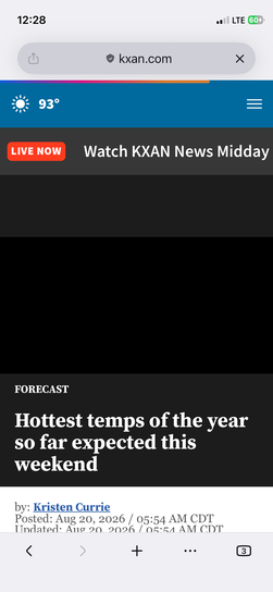 Smartphone screenshot of a KXAN news webpage displaying the headline 'Hottest temps of the year so far expected this weekend'.