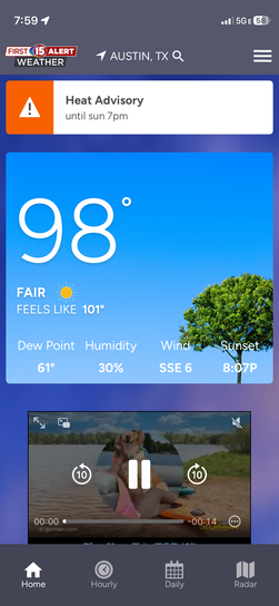 Smartphone weather app screenshot for Austin showing a temperature drop to 98 degrees during an evening park trip.