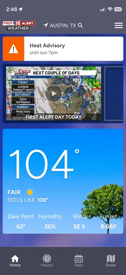 Smartphone weather app screenshot for Austin showing 104 degrees and a Heat Advisory before a dinner outing.